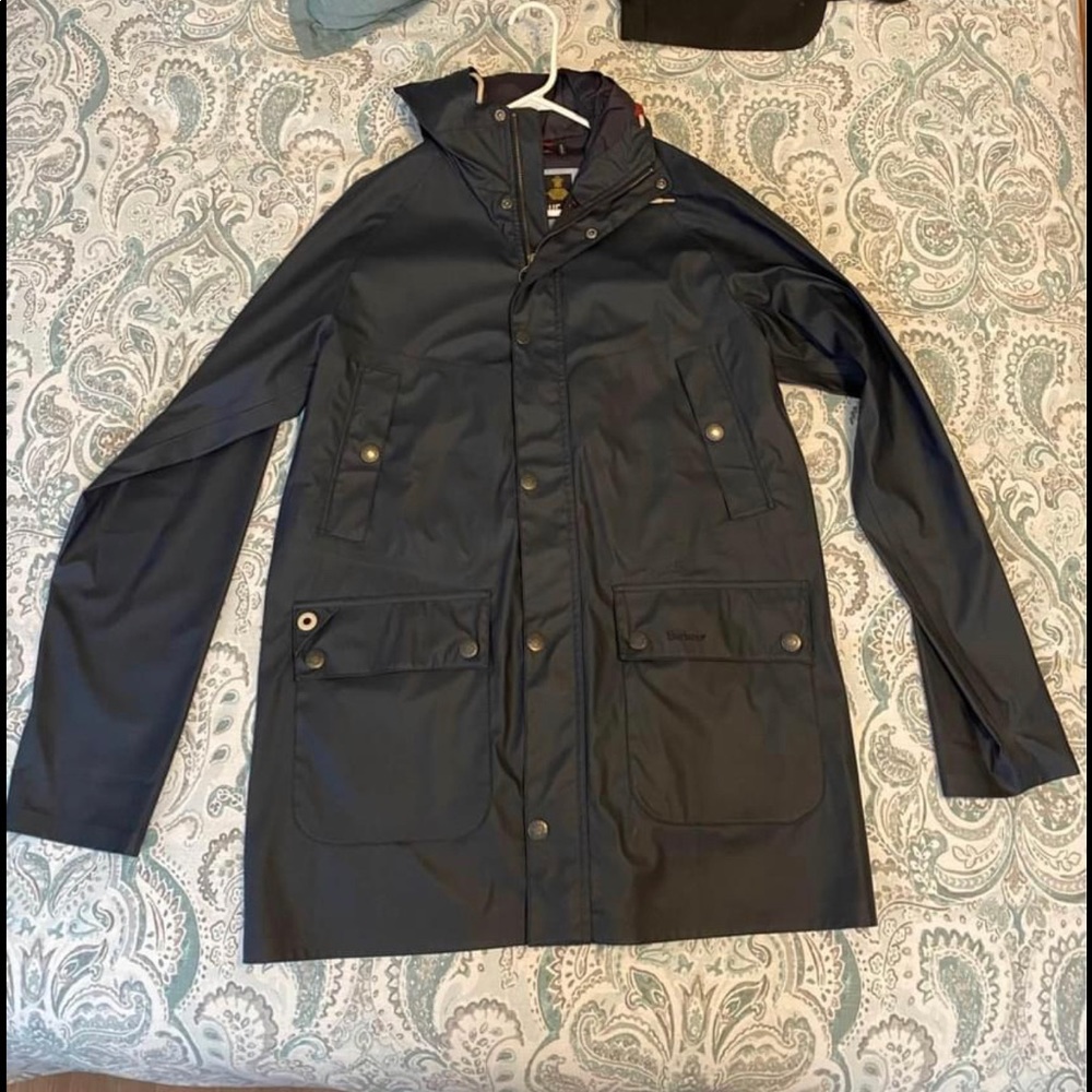 Barbour wax navy rain jacket with hood